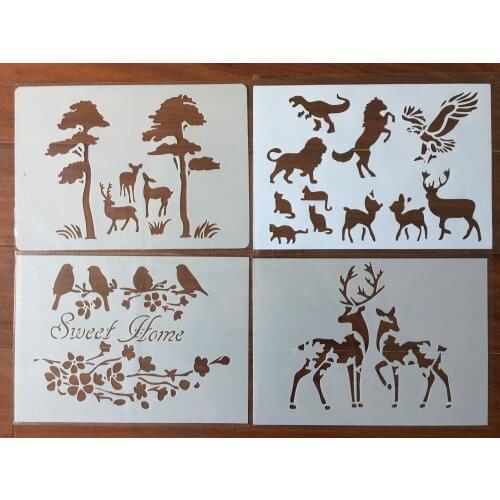 4pcs / set A4 Animal sika deer bird Stencils Painting Coloring Embossing Scrapbook Album Decorative Template