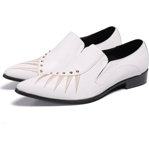 White mens classic shoes spiked loafers european mens dress shoes genuine leather zapatillas hombre rivets formal shoes men