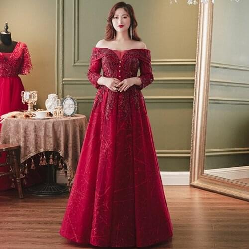 Burgundy Off The Shoulder Evening Dress Boat Neck Three Quarter Sleeves Floor-Length A-Line Plus Size Women Formal Gowns D880