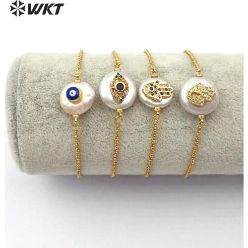 WT-MB111 Natural Freshwater Pearl Bracelet With Cubic Zirconia Pave Eye/Hamas Hand Shape Bracelet Adjustable Charm Bangle