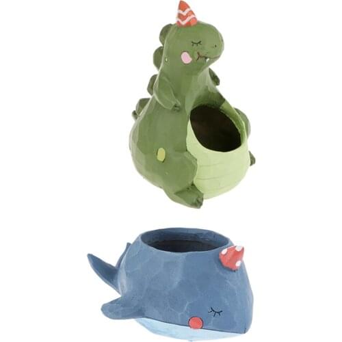 Home Office Desk Garden Planter Flower Sedum Succulent Plant Pot Trough Box Retro Cute Whale + Dinosaur 2pcs PACK