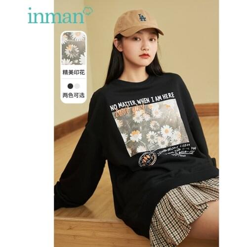 INMAN Autumn Womens Sweatshirt Small Daisy Print Vintage Letter Round Collar Dropped Shoulder Loose Casual Female Pullover