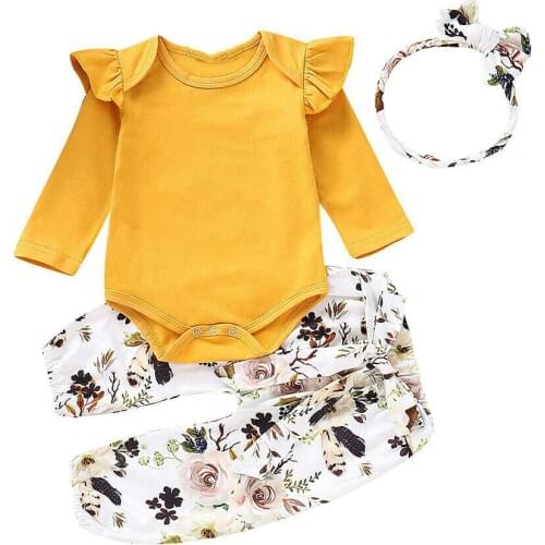 Baby Girl Clothing Sets Solid Long Sleeve O Neck Bodysuit + Floral Pants + Headband 0-18M Newborn Infant Autumn Casual Outfits