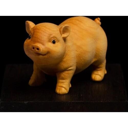 CCZHIDAO Cute Pig 4.5CM Animal Ornaments Chinese Boxwood Carving Creative Lovely Zodiac Solid Wood Tea Pet Ornaments Miniature
