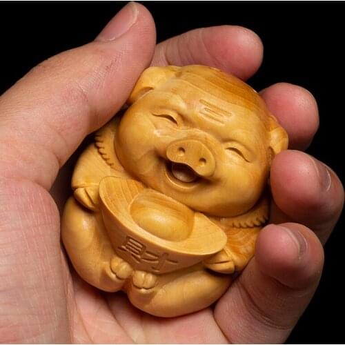 Boxwood Living Room Creative Crafts Car Pendant Carry Lucky Pig Fortune Wood Carvings Display Happy Ingot