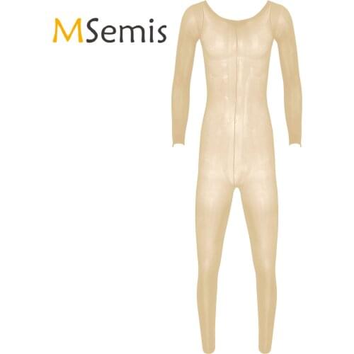 Gay Mens Lingerie Bodystocking Glossy See-through Erotic Sexy Full Bodysuit Round Neck Long Sleeve Stretchy Leotard Jumpsuit