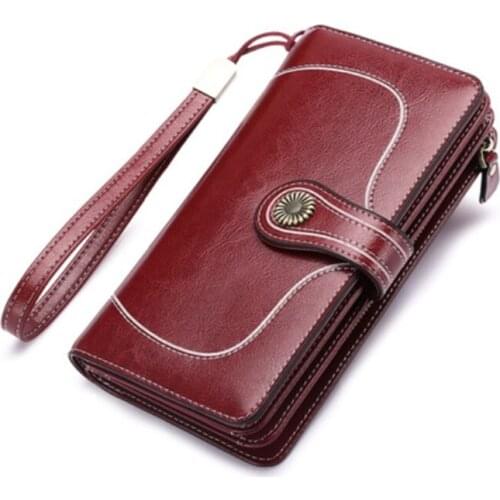 New oil wax cowhide womens large capacity leather long Zipper Pocket Hasp Wallet For Women