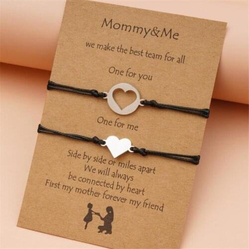 Creative Hollow Out Silver Color Heart 2-Piece Bracelet Set Adjustable Wax Rope Braided Black Bracelet Mothers Day Jewelry Gift