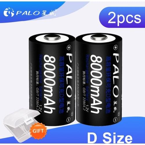 PALO 2pcs Type D Battery 8000mAh 1.2v D Size Rechargeable Batteries NiMh Battery For Toy Instruments Gas Cooker