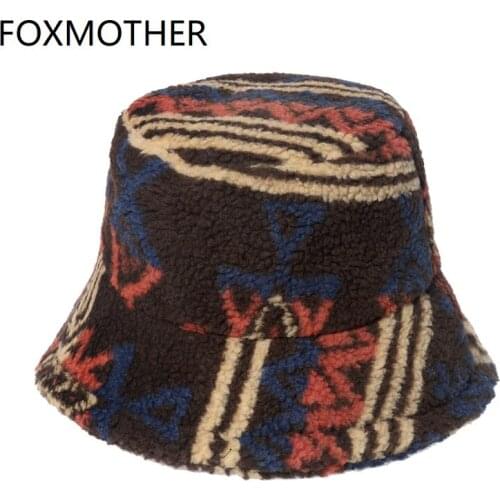 FOXMOTHER New Winter Warm Bob Panama Fishing Cap Fisherman Gorros Lamb Wool Faux Fur Geometric Fluffy Bucket Hat Women Mens