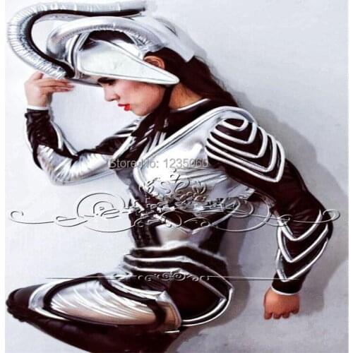 Catwalk perform dress female sexy bodysuit dj dance costumes stage wears outfits silver robot suit bar armor clothing disco