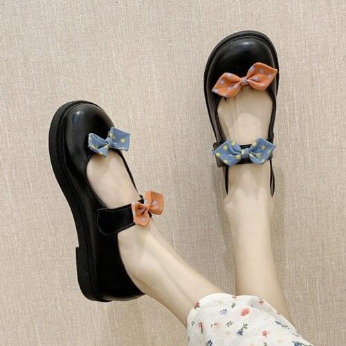 Spring Autumn Lolita Shoes Dot Bow Mary Janes Shoes Round Toe Women Leather Casual Shoes Shoes White Black Girls Platform 9294L