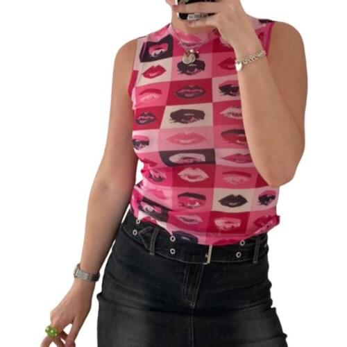 Womens Round Neck Tank Tops, Sheer Mesh Sleeveless Lips Eyes Graphic Slim Fit T-Shirts