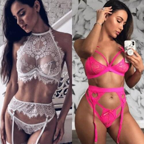 Women Intimates Sex Sheer Lace Bra Set Garter Belt Gstring Thong Sexy Lingerie Erotic Hot Underwear Sexy Sleepwear