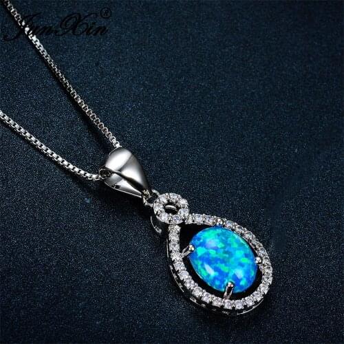Elegant Female Blue Opal Pendant Necklace Charm Silver Color Chain Necklaces For Women Trendy Bridal Round Wedding Necklace