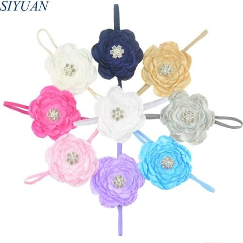 9pcs/lot Skinny Elastic Headband with 7 Layer Burned Satin Flower Shiny Rhinestone Button newborn photography Props FD216
