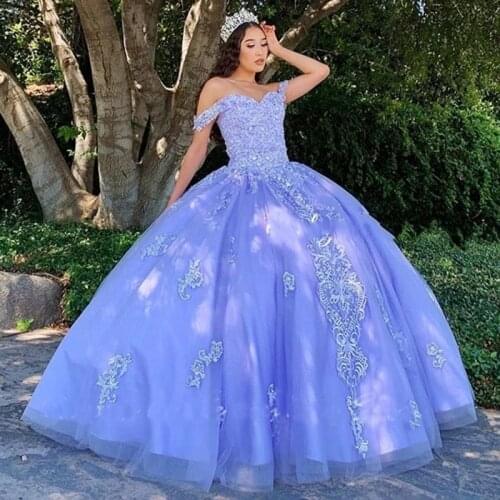 Princess Ball Gown Quinceanera Dresses 2021 Off The Shoulder Sweetheart Lace Appliques Sequined Pageant Party Sweet 15 Dress
