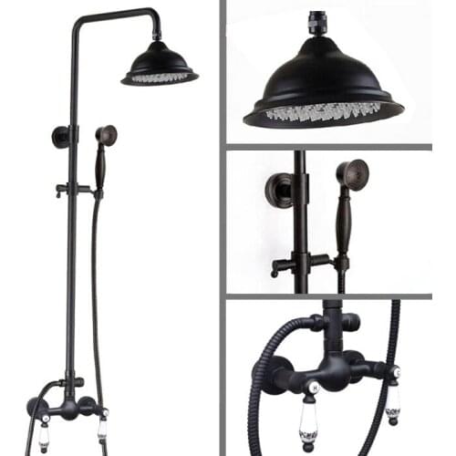Black Oil Rubbed Brass Wall Mounted Rain Bathroom Rainfall Shower Faucet Set with Hand Held Spray Shower Head Mixer Tap 2rs512