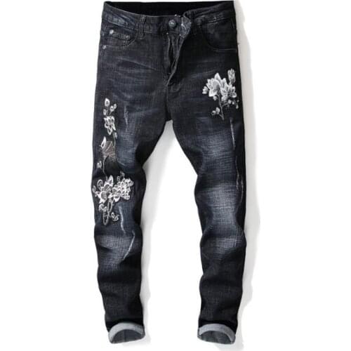 Cheap plum embroidery jeans men biker jeans men trousers male denim pants masculino motorcycle fashion designer