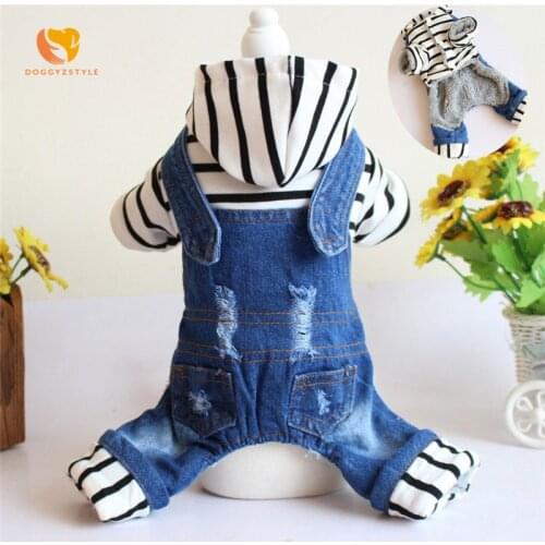 Pet Dog Jean Stripe Winter Clothes Jumpsuit Cat Puppy Trendy Thicken Hoodies Warm Four-Leg Costume XS-XXL DOGGYZSTYLE
