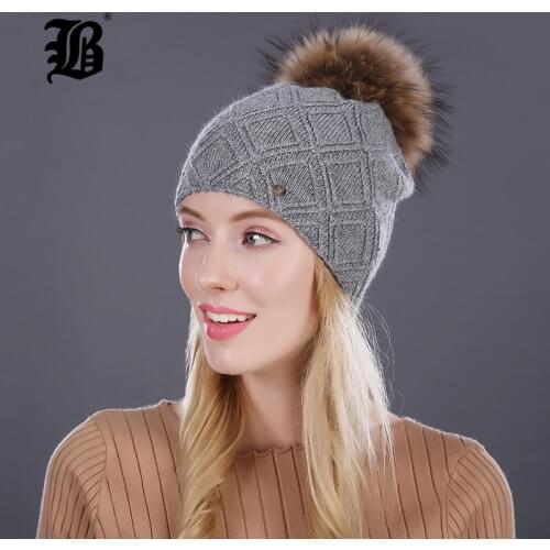[FLB] Winter fur Beanies cap pompom hat for women cashmere wool cotton hat Big Real Raccoon fur pom poms Mink fur winter hat