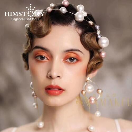 Himstory High Quality European Pearls Brides Headband with Earring Headband Wedding Hair Accessory Prom Party Evening Headdress
