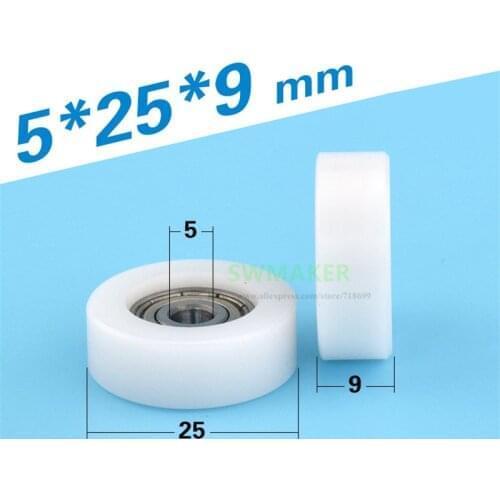 10pcs 5*25*9mm POM wrapped 625 bearing wheel, M5 M6 Thread flat guide roller pulley M6x25x9mm