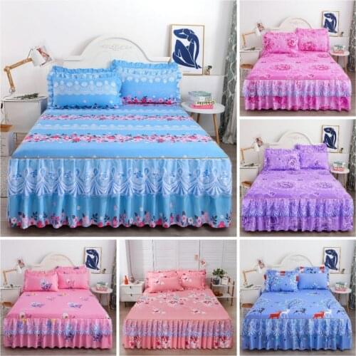 Flower Print Ruffled Bedding Set,Pillowcases Set Lace Flower Print Bed Skirt Set 1.2m 1.5m 1.8m 2.0m Bed Cover
