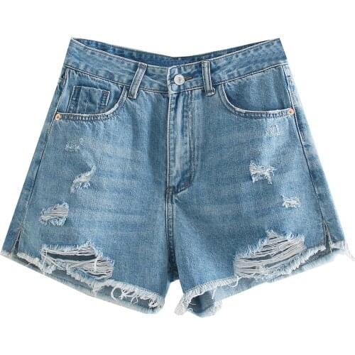 Summer Womens Fashion Mid-waist Ripped Raw Edge Denim Shorts Jeans