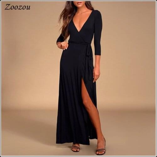 Summer Womens Casual Wrap Dresses Solid Color Fit And Flare Maxi Dress Three Quarter Sexy V Neck High Split Long Dress Custom