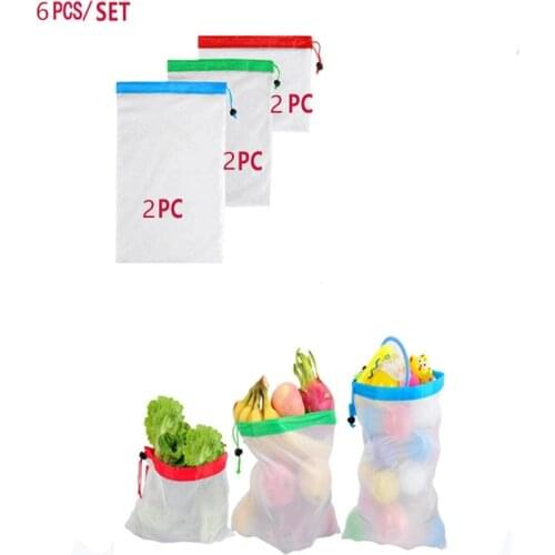 6pcs/set Reusable Polyester Mesh Produce Bag Fruit Vegetable Shopping Organize Bag Washable Durable Grocery Tote Carry Pouch Bag
