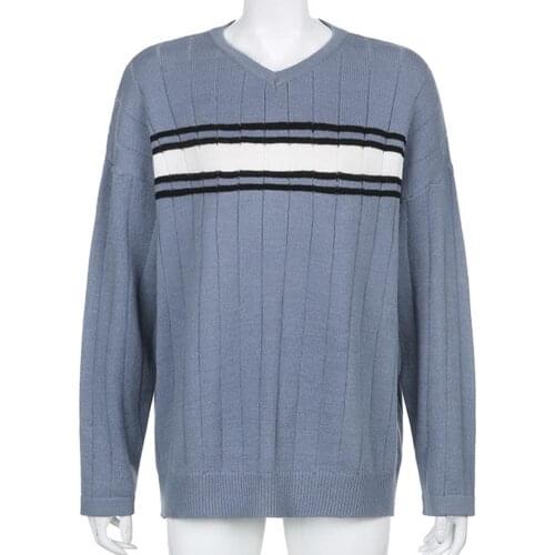 Fashion Women Sweater Long Sleeve V Neck Color Block Stripes Loose Knitted Sweaters Pullover For Women Female