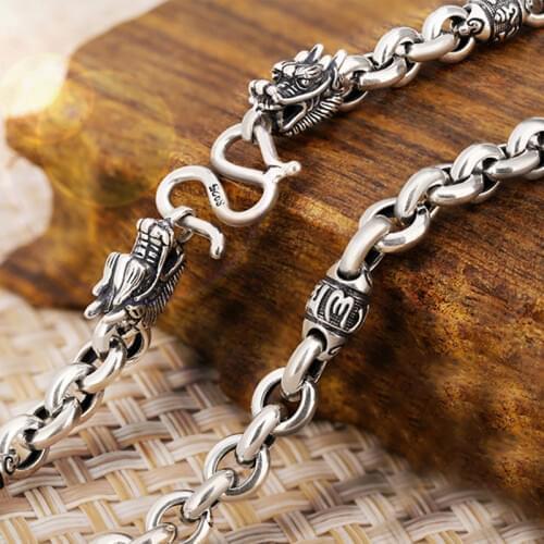 S925 Sterling Silver Retro Thai Silver Men Dragon Shurangama Mantra Six Words Chain Necklace Pure Silver Buddhist Men Necklace