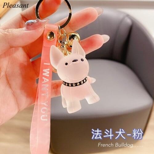 New Crystal French Fighting Dog Keychain Cute Transparent Dog Bag Car Pendant Couple Cartoon Key Chain Gift