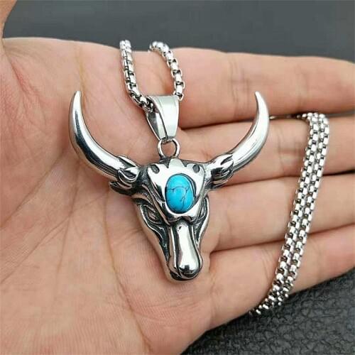 Punk Skull Bull Head Pendants Natural Stone Mens Necklace Stainless Steel Long Chain Gothic Animal Jewelry For Best Friend Gift
