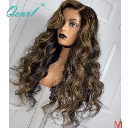 Human Hair Full Lace Wig Ombre Blonde Highlights Deep Side Part Brazilian Wavy Remy Hair Wigs for Women 130% 150% Qearl