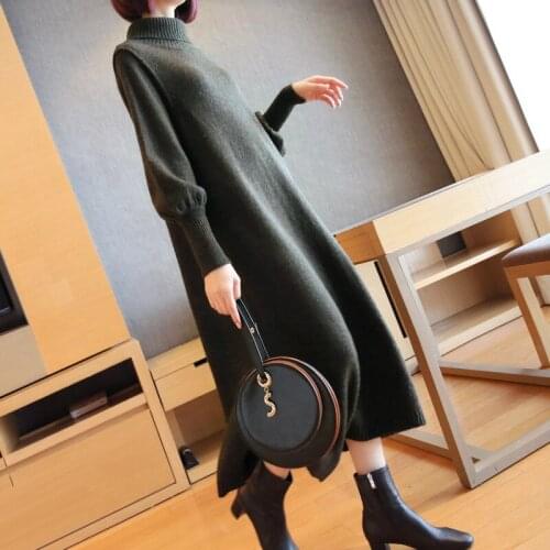 Thick Warm Cotton Spring Sweater Dress 2020 Batwing Sleeve Knitted Winter Dresses Women Oversize Solid Green Harajuku Dress Robe