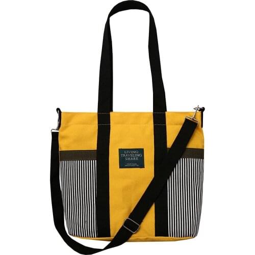 PURFAY Stripe Two pocket Canvas Women Shoulder Bag Cotton Tote Shopper Bag Eco Reusable Shopping Bag Handbag Cloth Backpack