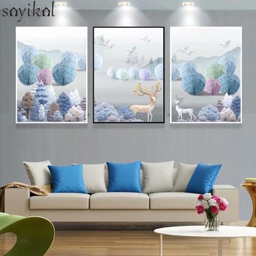 Posters And Prints Deer Forest Canvas Painting 3 Pieces 3d Wall Art Landscape Pictures for Living Room Kitchen Prints Paintings