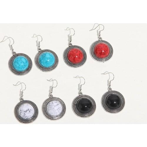 Simple Round Turquoises Dangle Earrings for Women Ethnic Tribal Ornament Ancient Silver Color Hook Earrings Statement Jewelry