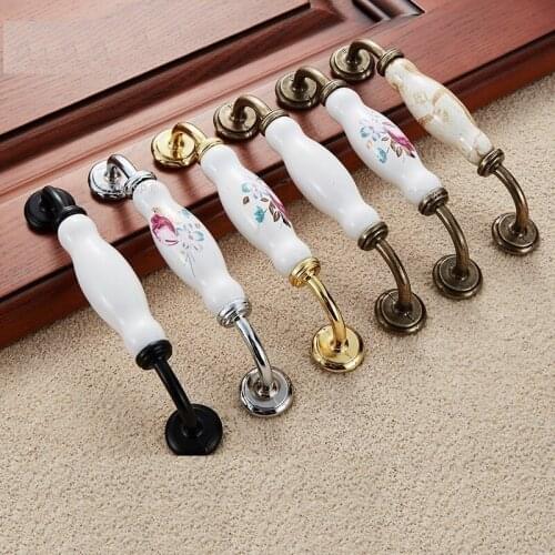 Kitchen Cupboard Knob Flower Cabinet Drawer Handles Zinc Alloy Ceramic Furniture Dresser Pulls Retro Bronze Black Gold