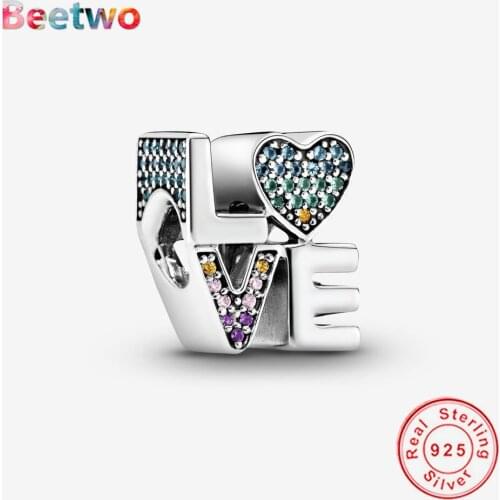 925 Sterling Silver Colourful Zircon LOVE Charm Zircon Beads Fit Original Pandora Charms Bracelet Bead Fashion Jewelry Berloque