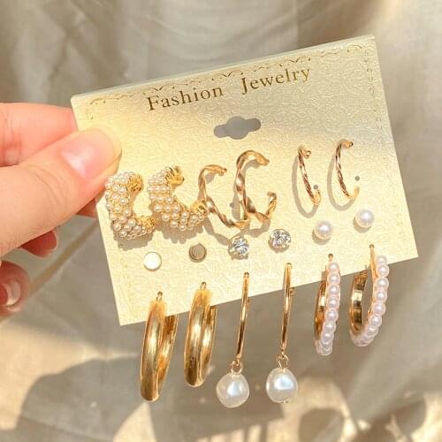 FNIO Trendy Gold Metal Earrings Set For Women Fashion Geometric Pearl Circle Drop Earrings 2021 Trend Set of Earrings Jewelry