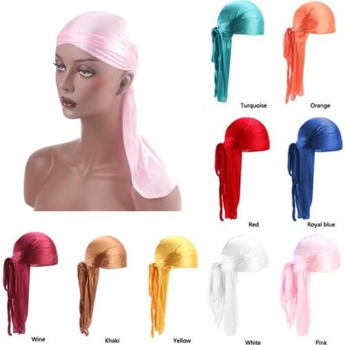 Men Women Silky Turban Hair Caps Hat Wigs Satin Biker Headwear Headband Night Sleep Extra Long Tail Hair Styling Accessories