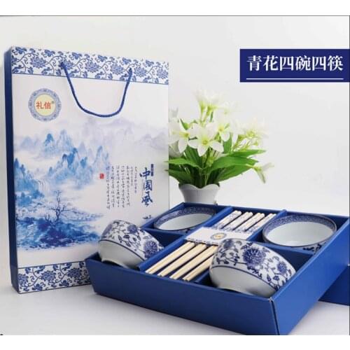 Blue and white porcelain bowls and chopsticks set wedding tableware and porcelain dishes activity gift with hand gift