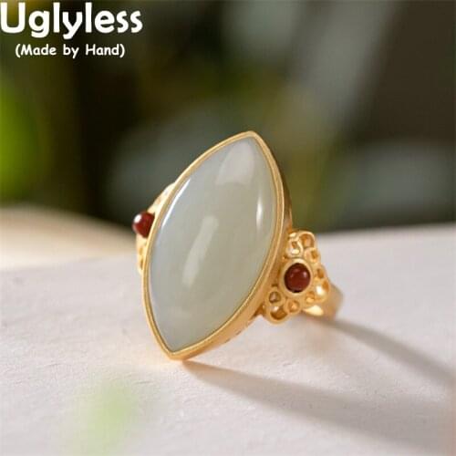 Uglyless Rugby-shaped Big Blank Gemstones Rings for Women Nephrite Studs Earrings Rings Retro Ethnic Jade Jewelry Set 925 Silver