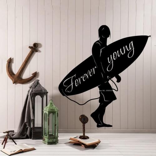 Surf Boy Vinyl Wall Decal Surfing Ocean Marine Quotes Forever Young Home Decor Boys Bedroom Bedroom Wall Decoration Mural LC1575
