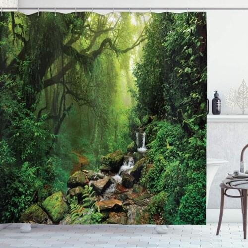 Green Brown Rainforest Shower Curtain Forest Nepal Footpath Wildlife Spring Plant and Stones Moisture Water Print