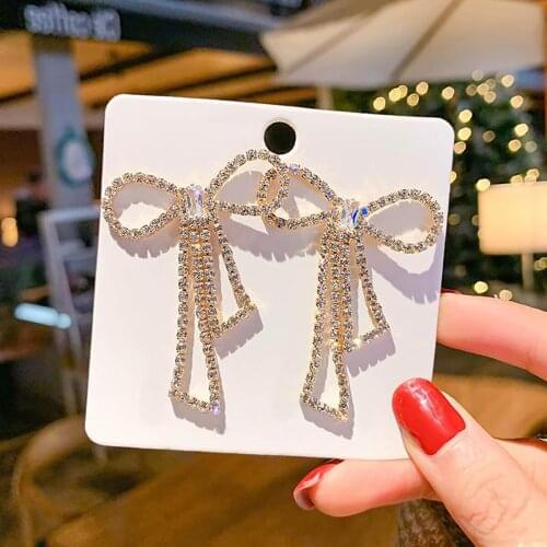 AENSOA Bling Rhinestone Crystal Bowknot Drop Earrings For Women Trendy Gold Color Statement Earrings Dangle Romantic Jewelry