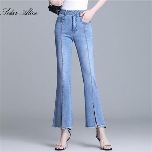 Free Shipping 2021 Womens Summer Thin New High-Waisted Micro-Flared Ankle-Length Jeans Loose Stretch Split Straight Casual Pant